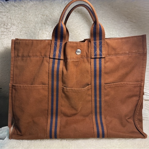 Hermes Brown Canvas Tote with Blue Stripes - Picture 1 of 4